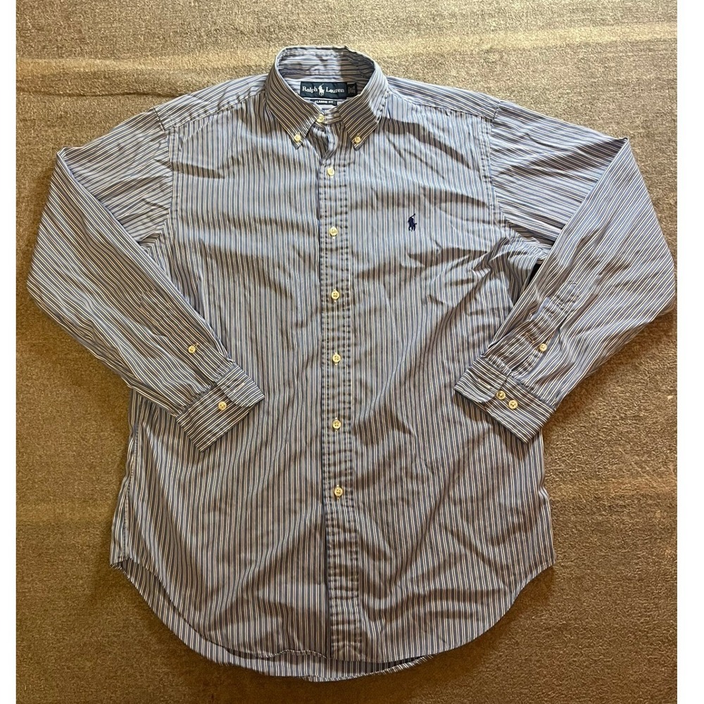 Ralph Lauren Mens Blue White Striped Button Down Shirt 15.5 32/33 Preppy Golf